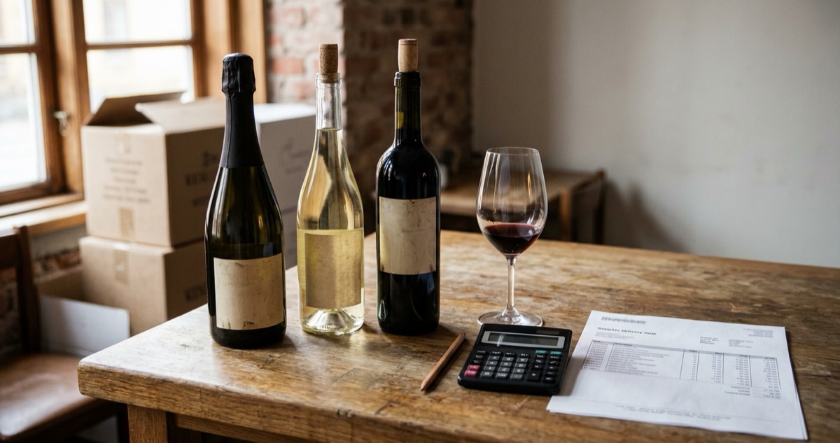 Tre vinflaskor, ett glas rött vin, en miniräknare och en leverantörsfaktura på ett träbord i en restaurang.