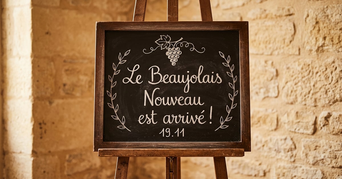 Svart krittavla på staffli med texten Le Beaujolais Nouveau est arrivé! 19.11