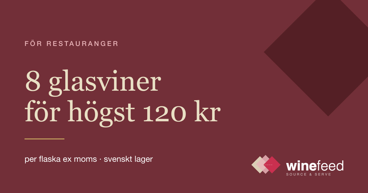 Grafik i vinrött med texten 8 glasviner för högst 120 kr per flaska ex moms, svenskt lager