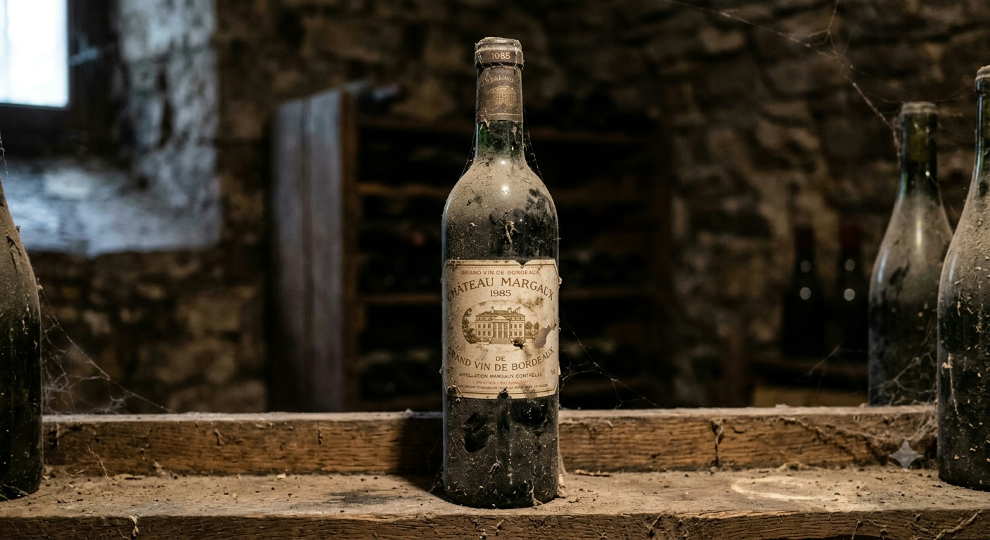 Dammig, åldrad flaska Bordeaux med sliten etikett på en trähylla i en stenkällare, omgiven av spindelväv.