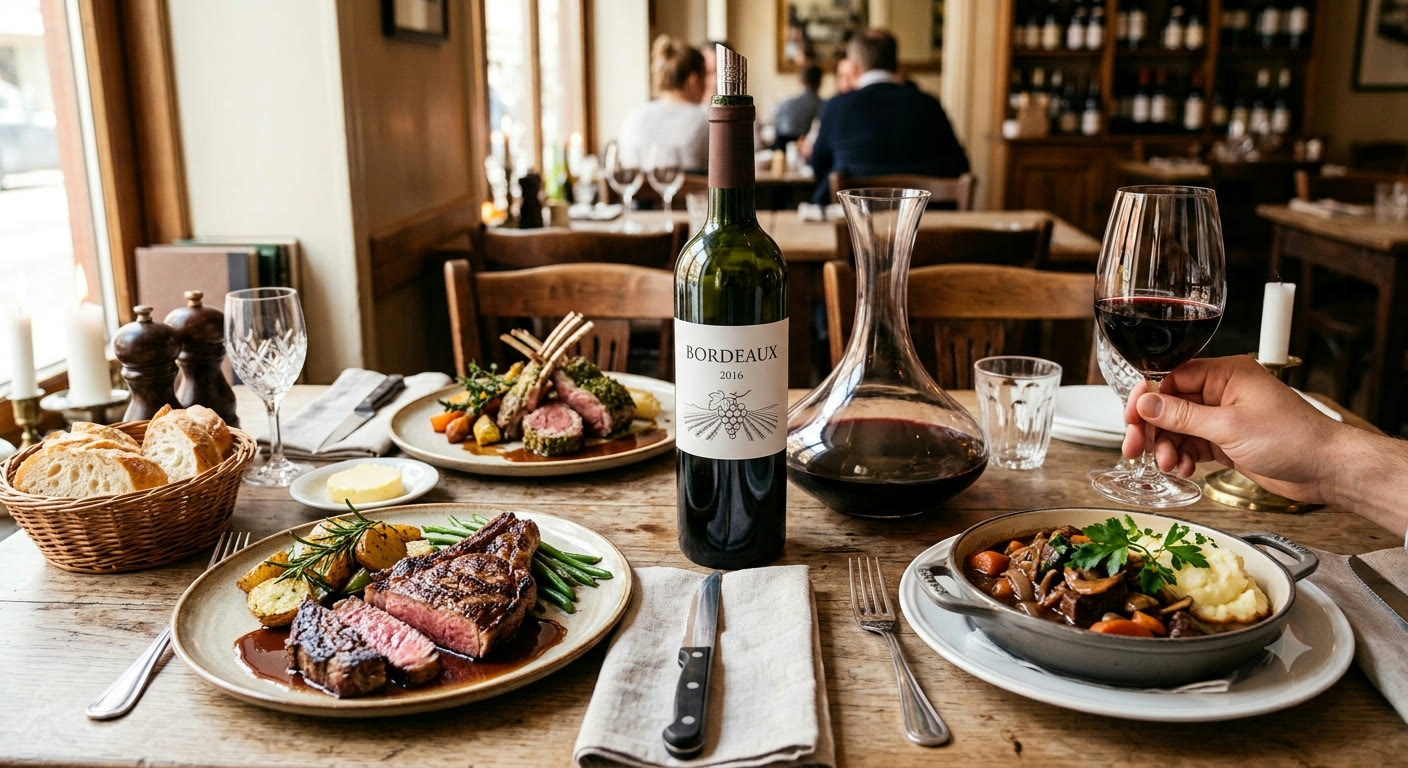 Dukat bistrobord med grillad entrecôte, lammracks och en bräserad köttgryta, en flaska Bordeaux, karaff och rödvinsglas.